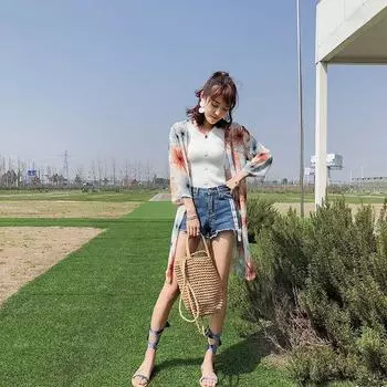 Женская шифоновая одежда средней длины с принтом и защитой от солнца, праздничный кардиган с семиточечными рукавами One Size