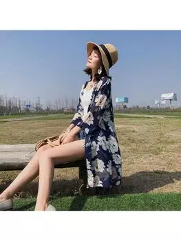 Женская шифоновая одежда средней длины с принтом и защитой от солнца, праздничный кардиган с семиточечными рукавами