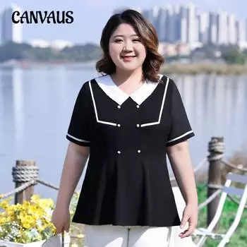 Женская шифоновая рубашка больших размеров, летняя тонкая модная блузка с кукольным воротником и v-образным вырезом с короткими рукавами 2XL чёрный