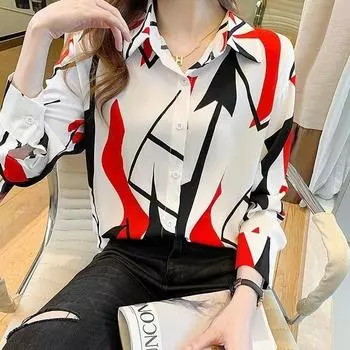 Женская шифоновая рубашка с длинными рукавами, модная корейская рубашка с геометрическим принтом, большая рубашка S красный