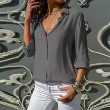 Женская шифоновая рубашка с лацканами, длинный рукав, однобортная рубашка, топы, однотонная тонкая офисная женская блузка 3XL светло-синий