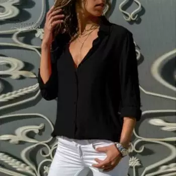 Женская шифоновая рубашка с лацканами и длинным рукавом, однобортная рубашка, топы, однотонная тонкая офисная женская блузка для работы и отдыха XL чёрный