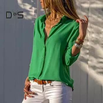 Женская шифоновая рубашка с лацканами и длинным рукавом, однобортная рубашка, топы, однотонная тонкая офисная женская блузка для работы и отдыха XL чёрный