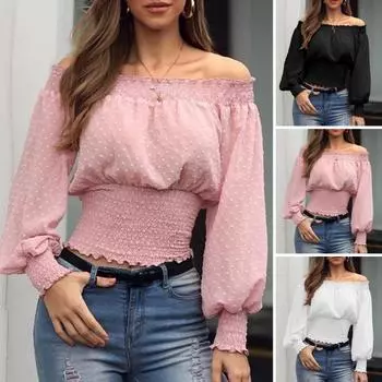 Женская шифоновая рубашка с открытыми плечами и длинными рукавами, топы с жаккардовым декором, однотонные плиссированные пуловеры с эластичной резинкой на талии и рюшами, топы S белый