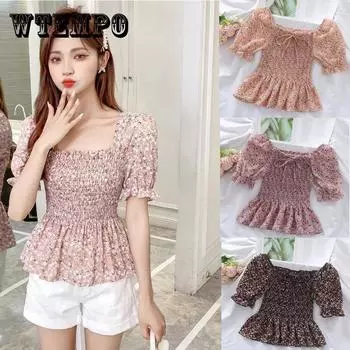 Женская шифоновая рубашка с пышными рукавами, футболка с открытыми плечами и квадратным вырезом, облегающий женский топ с цветочным принтом, женские блузки L чёрный