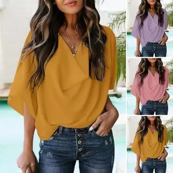 Женская шифоновая рубашка с v-образным вырезом и расклешенным воротником, футболка с коротким рукавом, сплошной цвет, повседневная свободная офисная рубашка M жёлтый