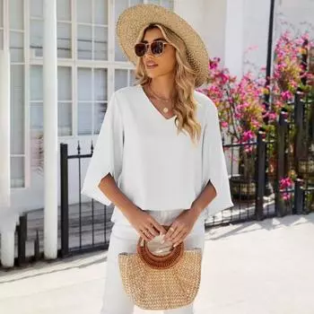 Женская шифоновая рубашка с v-образным вырезом, расклешенный пуловер с половиной рукавом, однотонный свободный крой, универсальная футболка в повседневном стиле, уличная одежда M небесно-голубой