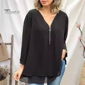 Женская шифоновая рубашка с v-образным вырезом, застежкой-молнией и вырезом, пуловеры с рукавами 3/4, однотонные двухслойные рубашки свободного покроя, топы 3XL жёлтый