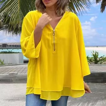 Женская шифоновая рубашка с v-образным вырезом на молнии и вырезом 45355, пуловеры с рукавами, однотонные двухслойные рубашки свободного покроя 3XL жёлтый