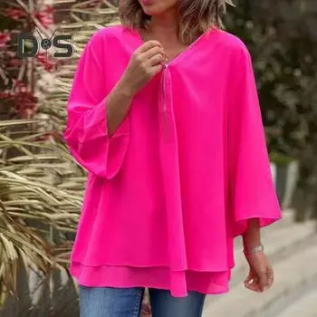 Женская шифоновая рубашка с v-образным вырезом, застежкой-молнией и вырезом, пуловеры с рукавами 3/4, однотонные двухслойные рубашки свободного покроя, топы 2XL розы красного