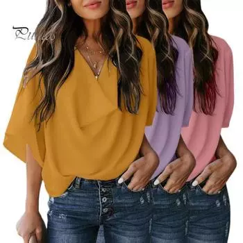 Женская шифоновая рубашка с v-образным вырезом и расклешенным воротником, футболка с короткими рукавами, сплошной цвет, повседневные свободные офисные женские топы M жёлтый