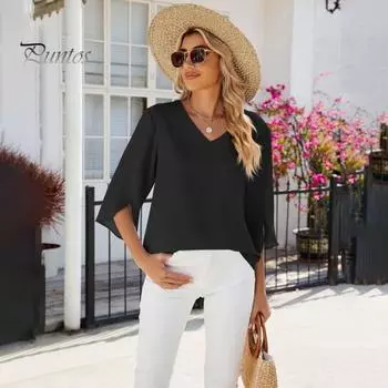 Женская шифоновая рубашка с v-образным вырезом, расклешенный пуловер с половиной рукавом, однотонный свободный крой, универсальная футболка в повседневном стиле, уличная одежда M небесно-голубой