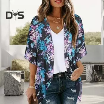 Женская шифоновая рубашка с V-образным вырезом и коротким рукавом с цифровым 3D-принтом, дышащий солнцезащитный кардиган, пальто с открытым передом, пальто средней длины S темно-синий