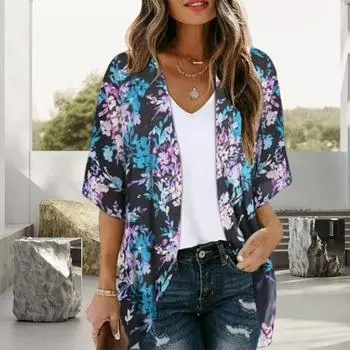 Женская шифоновая рубашка с V-образным вырезом и коротким рукавом с цифровым 3D-принтом, дышащий солнцезащитный кардиган, пальто с открытым передом, пальто средней длины S