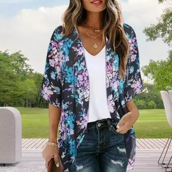 Женская шифоновая рубашка с V-образным вырезом и коротким рукавом с цифровым 3D-принтом, дышащий солнцезащитный кардиган, пальто с открытым передом, пальто средней длины S