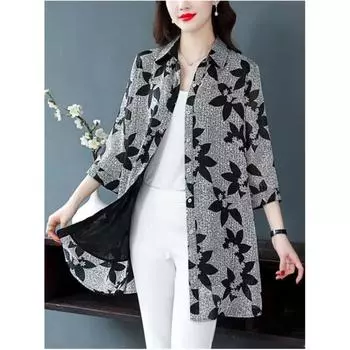 Женская шифоновая рубашка средней длины на весну и лето, топы с рукавом семь минут, темперамент 4XL