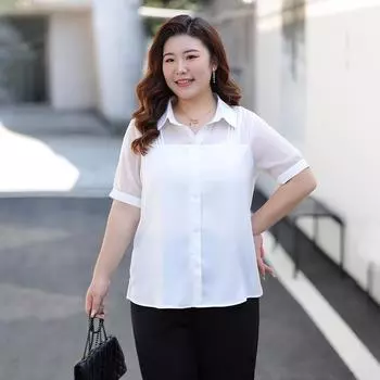 Женская шифоновая рубашка в стиле пэчворк. Модный и стильный топ с короткими рукавами для весны и лета. XL белый