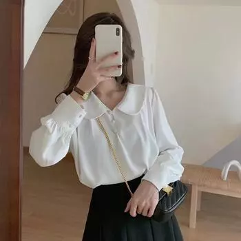 Женская шифоновая рубашка, весна-лето, французская блузка с пышными рукавами в стиле ретро, однотонный топ, S-XL M белый
