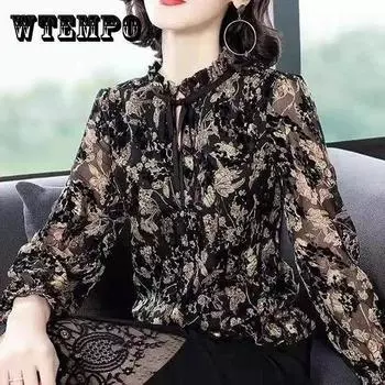 Женская шифоновая рубашка, весна, лето, осень, блузка большого размера с принтом, свободная тонкая повседневная рубашка, топы XXL