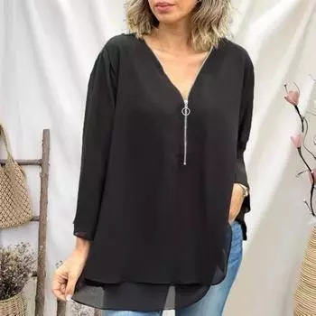 Женская шифоновая рубашка Yousheng с V-образным вырезом на молнии и рукавом 3/4, однотонная рубашка с двойным подолом и свободным кроем 2XL чёрный