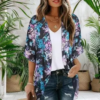 Женская шифоновая рубашка Yousheng с V-образным вырезом и коротким рукавом, цифровая 3D-печать, дышащий солнцезащитный кардиган, пальто с открытым передом, пальто средней длины S