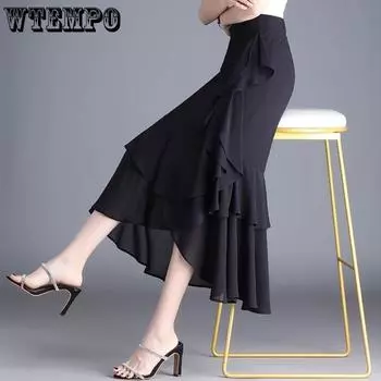 Женская шифоновая юбка средней длины, юбка-рыбий хвост, летняя, средней длины, с завышенной талией и кантом в виде листьев лотоса S чёрный