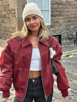 Женская шикарная красная куртка с контрастной строчкой, модное кожаное пальто на молнии с лацканами и длинными рукавами, осень 2023, женская элегантная уличная одежда S чёрный