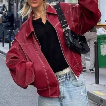 Женская шикарная красная куртка с контрастной строчкой, модное кожаное пальто с лацканами и длинными рукавами на молнии, осенняя женская элегантная уличная одежда L красный
