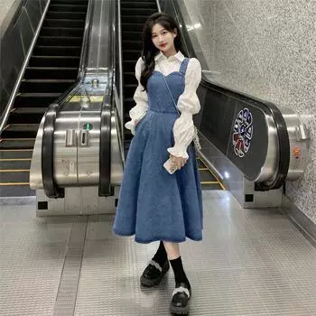 Женская шикарная юбка-комбинезон из денима во французском стиле — ретро, милый и элегантный дизайн в стиле Гонконга S синий