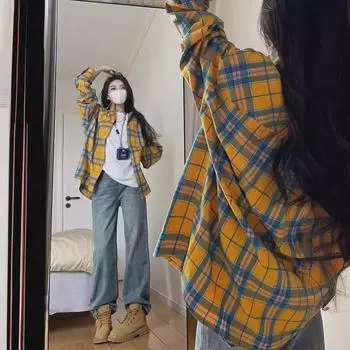 Женская шикарная желтая клетчатая ретро-рубашка – свободный повседневный топ на весну и осень XL жёлтый