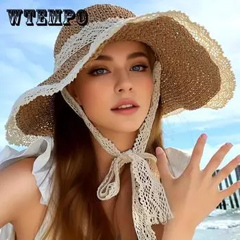 Женская широкополая соломенная шляпа — легкая, складная пляжная кепка с кружевной отделкой для летнего отпуска adult 54-58CM хаки