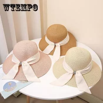 Женская широкополая соломенная шляпа от солнца с элегантным черным бантом, однотонная пляжная шляпа для летних путешествий, классическая защита от ультрафиолета на открытом воздухе ONE SIZE бежевый