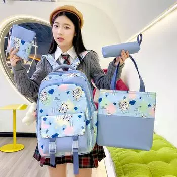 Женская школьная сумка, цветной студенческий рюкзак, рюкзак с героями мультфильмов из четырех предметов чёрный