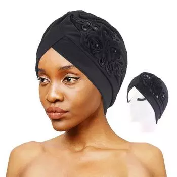 Женская шляпа, эластичная, ветрозащитная, устойчивая к разрыву, противоусадочная, без полей, теплая, с отделкой блестками, с цветочной отделкой, универсальный тюрбан чёрный