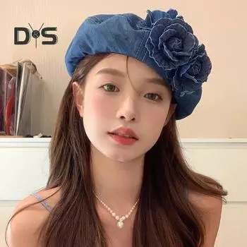 Женская шляпа художника с 3D-украшением в виде розы, ковбойская шляпа художника, всесезонная джинсовая кепка с регулируемым обхватом головы, повседневная одежда, головные уборы для особых случаев темно-синий