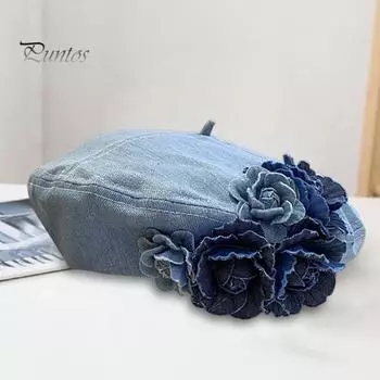 Женская шляпа художника с 3D-украшением в виде розы, ковбойская шляпа художника, всесезонная джинсовая кепка с регулируемым обхватом головы, повседневная одежда, головные уборы для особых случаев синий