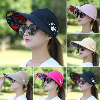 Женская шляпа от солнца с длинными полями, защита для лица, защита от солнечного света, анти-УФ-отверстие для хвоста, складная регулируемая пляжная цветочная кепка для бега на открытом воздухе, дорожная кепка розовый