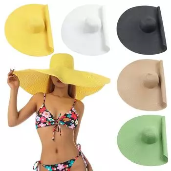 Женская шляпа от солнца с широкой оправой, летняя шляпа, складная пляжная шляпа с рулонами, женская летняя однотонная шляпа от солнца на Гавайях с широкой каймой One Size чёрный