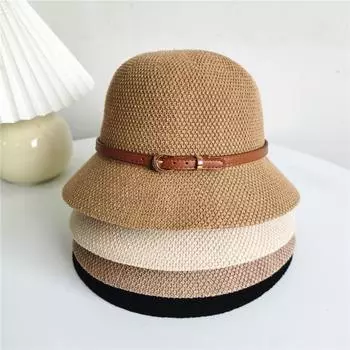Женская шляпа от солнца, складная дышащая искусственная кожа с пряжкой, уличная солнцезащитная соломенная шляпа ручной работы, аксессуары для девочек хаки