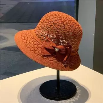Женская шляпа от солнца, соломенная плетеная шляпа-ведро ручной работы с бантом, складная солнцезащитная шляпа для рыбалки и путешествий на пляже кирпич красный