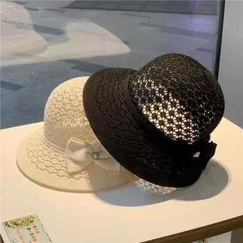 Женская шляпа от солнца, соломенная плетеная шляпа-ведро ручной работы с бантом, складная солнцезащитная шляпа для рыбалки и путешествий на пляже чёрный