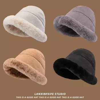 Женская шляпа-рыбак, шляпа-ведро из утолщенной шерсти, круглая шляпа с широкими полями бежевый