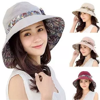 Женская шляпа с широкими полями и винтажным принтом, складная кепка с гибкими полями для пляжа, летние шапочки One Size темно-синий