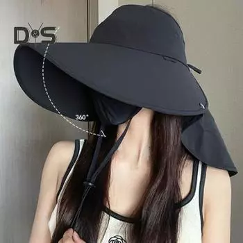Женская шляпа с защитой от ультрафиолета и воротничком, дышащая летняя шляпа с широкими полями и солнцезащитным козырьком UPF 50+, для отдыха на пляже, походов, рыбалки, с открытым верхом чёрный
