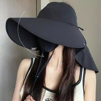 Женская шляпа с защитой от ультрафиолета и воротничком, дышащая летняя шляпа с широкими полями и солнцезащитным козырьком UPF 50+, для отдыха на пляже, походов, рыбалки, с открытым верхом чёрный