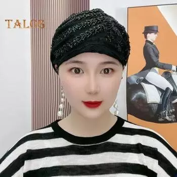 Женская шляпа-тюрбан с декором из блесток, одинаковый цвет, вышивка, легкий платок для волос, шапка, женская повязка на голову, женская повседневная шапка легкие хаки