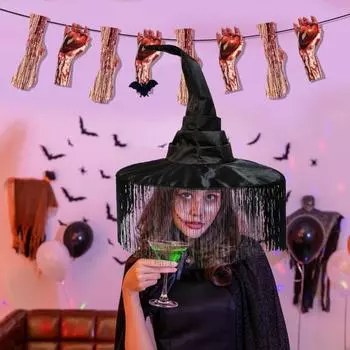 Женская шляпа ведьмы на Хэллоуин, черная шляпа ведьмы с большими полями и свисающей бахромой, костюм для косплея, аксессуары для вечеринки на Хэллоуин чёрный