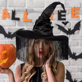 Женская шляпа ведьмы на Хэллоуин, черная шляпа ведьмы с большими полями и бахромой, косплей