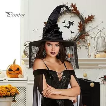 Женская шляпа ведьмы с широкими полями, складная плиссированная шляпа на Хэллоуин, подвеска с кисточками и летучей мышью, шляпа для косплея на Хэллоуин One Size C