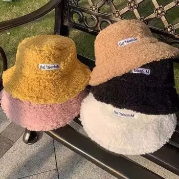Женская шляпа-ведро из ягненка, осенне-зимняя, утолщенная, плюшевая, шерстяная, теплая, с плоским верхом, рыболовная шляпа, ветрозащитная, панама, шапка-бини